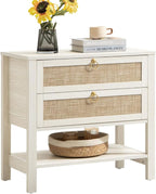 SICOTAS White Night Stand with Drawers and Storage Shelf - Large Nightstands Rattan Decor Boho Bedside Table Narrow Side Table for Bedroom, Small Space