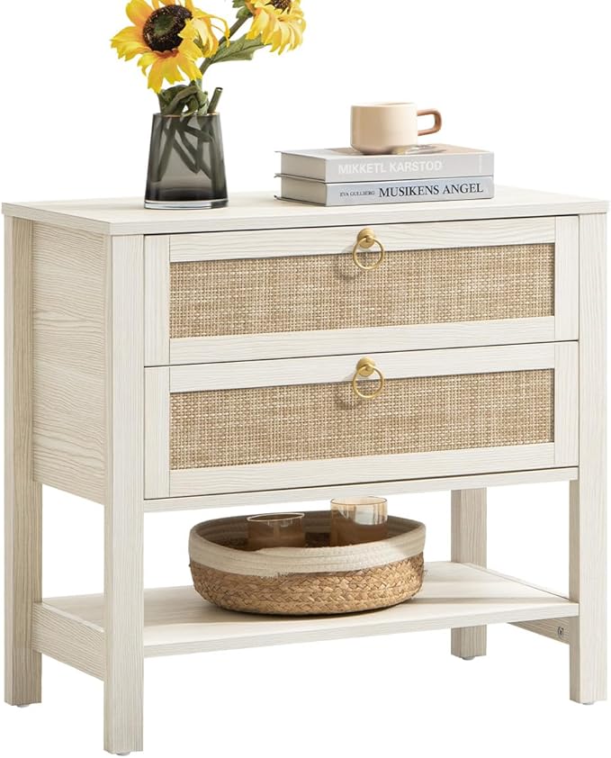 SICOTAS White Night Stand with Drawers and Storage Shelf - Large Nightstands Rattan Decor Boho Bedside Table Narrow Side Table for Bedroom, Small Space