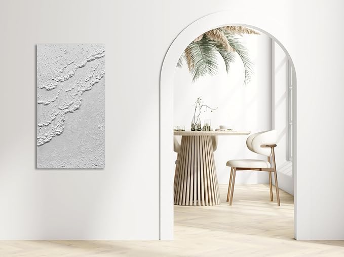 MyArton Abstract White Beach Waves Wall Art, Textured White Wall Art, Modern Canvas Handmade Oil Painting, 3D Thick Texture Wall Artwork for Home Decoration Framed Ready to hang Vertical 24x48inch
