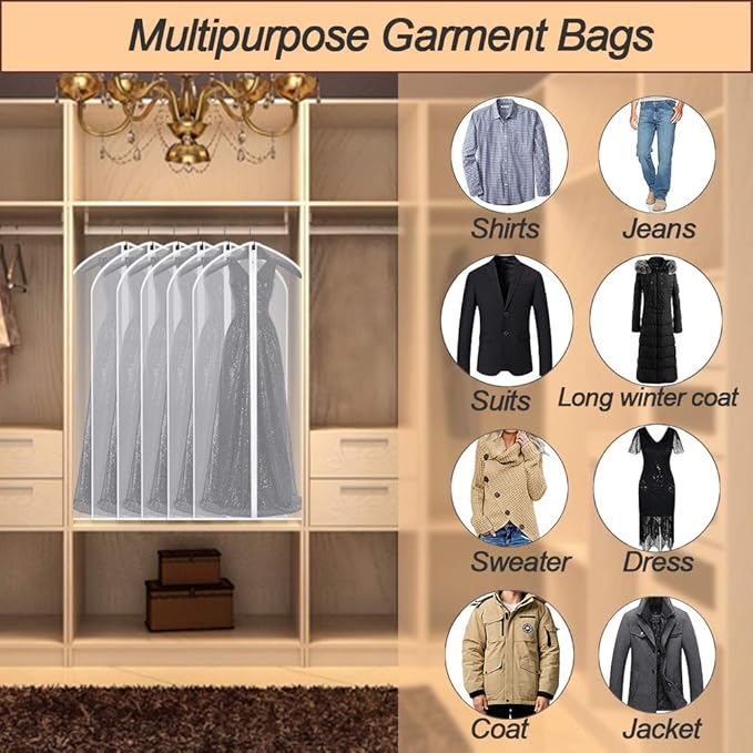 Garment Bag Covers (24''X55'' Set of 12) Lightweight White PEVA Breathable Bags with Study Full Zipper for Coat Protector Travel Laundry Wardrobe Closet