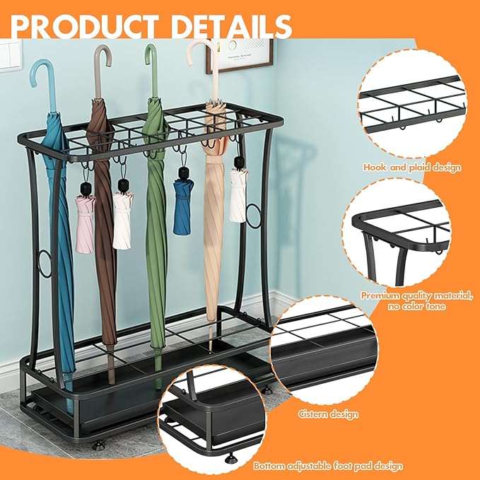 Metal Umbrella Holder Stand with Removable Drip Tray, Industrial Free Standing Umbrella Rack Organizer for Entryway Home Office Patio Decor(21 Slots 24 Hooks, Black)