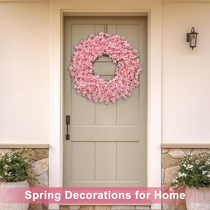 26 Inch Spring Wreaths for Front Door Large Valentines Spring Door Wreath Easter Wild Floral Summer Wreaths Outside All Season for Farmhouse Porch Wall Wedding Living Room Home Decor(Pink)