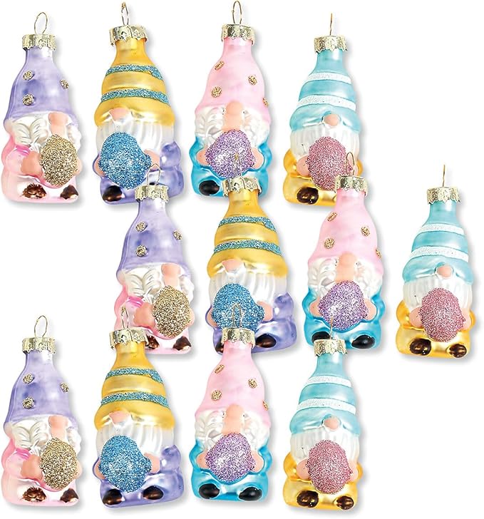 Lillian Vernon Gnome Blown Glass Easter Ornaments - Handcrafted Hanging Tree Decorations, Easter Gnome Holiday & Party Decor, Mini, Assorted, 12-Piece Set