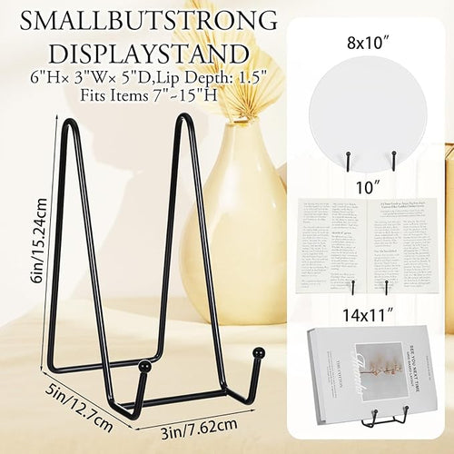 12 Pack 6 Inch Metal Plate Display Stands, Black Multi-Purpose Easel Stands for Photos/Books/Plaques/Artwork, Tabletop Holder
