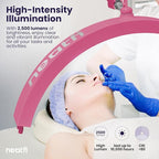 Neatfi Half Moon Swing Arm Table Lamp, 2500 Lumens, CCT Dimming, 5 Light Modes, Professional LED Lighting for Estheticians, Ideal for Nail Art, Facials, and Tattoos (with Base and Clamp, Pink)