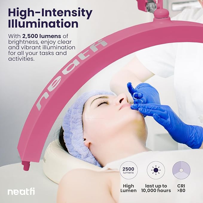 Neatfi Half Moon LED Table Lamp for Estheticians, Nail Tech, and Cosmetician for Manicure Art, Facial, Waxing, Threading and Tattoo, 2500 Lumens, 5 Light Modes (with Clamp, Pink)
