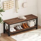 BON AUGURE Entryway Bench with Storage, 2 Tier Wood Metal Shoe Bench, Storage Benches for Bedroom, Entrance, Hallway, Mudroom, Indoor (47 inch Wide, Rustic Oak)