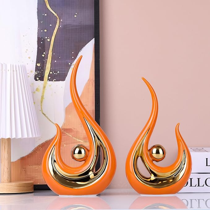 XMGZQ 2pcs Orange and Gold Modern Abstract Art Statue Table Decoration,Elegantes Ceramic Statue for Home Décor Accent,Mantel,Bookshelf,Centerpiece Table Decorations for Dining Room,adornos para sala