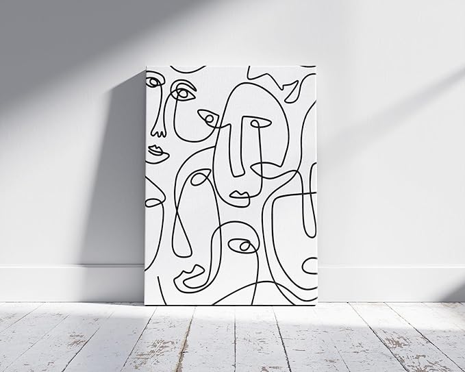Abstract Face Pattern Wrapped Canvas Wall Art Collage of Modern Faces Continuous Line Drawing 11x14 Inch Gallery Stretched Modern Home Art Decor