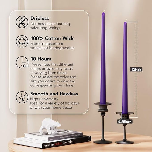 12-Inch Tall Dripless Taper Candles Set of 4 - Purple Tapered Candles, Perfect for Halloween - Smokeless, Unscented, Long Burning - Hand Poured, Colored Tall Candlesticks - Light Purple