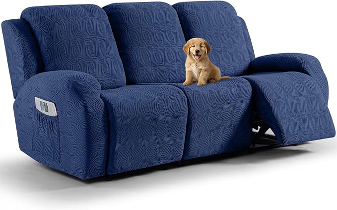 VANSOFY Recliner Couch Cover, 8-Pieces Stretch Recliner Sofa Cover Soft Jacquard Reclining Slipcover Furniture Protector with Elastic Bottom for Kid, Pets(3 Seat,Dark Blue)