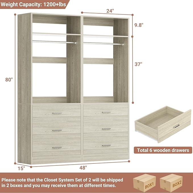 Closet System Set of 2, 4FT Closet Systems with 6 Wood Drawers, 48" Closet Organizer System with 2 Hanging Rods & 2 Shelves, Heavy Duty 48 Inch Walk-in Closet, White Oak (48"L x 15" W x 80" H)