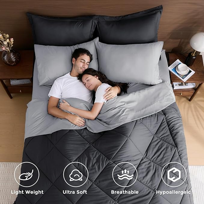 HEVUMYI Cali-King Comforter Set - 7-Piece All Season Bed in a Bag Cali-King, Ultra Soft Bedding Set with Comforter, Flat Sheet, Fitted Sheet, Pillowcases, Pillow Shams, Dark Grey & Light Grey