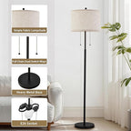 Luvkczc Floor Lamp, 60" Standing Lamp Tall Lamp with Fabric Lampshade&Pull Chain Corner Floor Lamps for Living Room, Bedroom,Office Corner (Black 2 Bulb Socket)