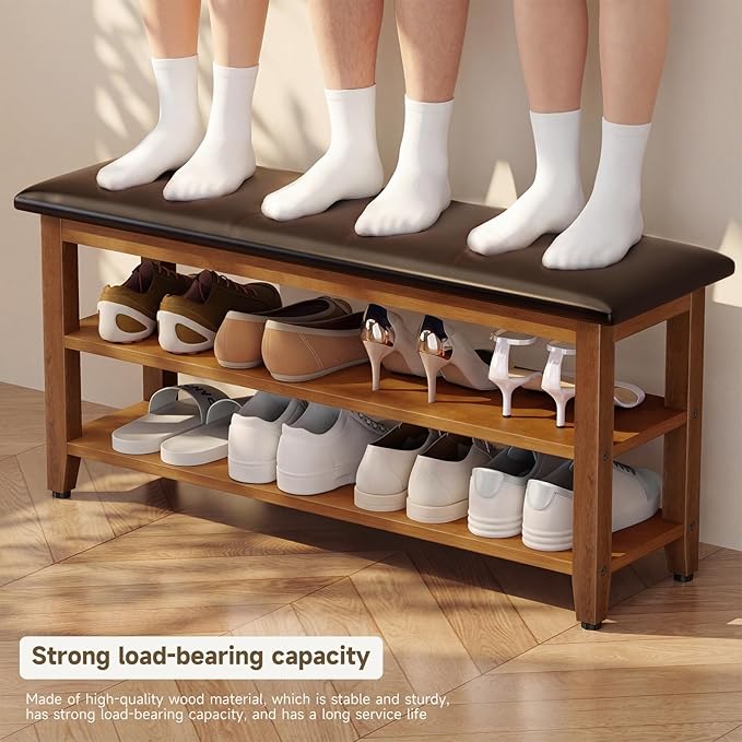 Shoe Bench with Leather Cushion,Wood Bench with Shoe Rack,2-Tier Shoe Storage Organizer for Entryway,Hallway,Living Room (Brown, 2-Tier-39.4")