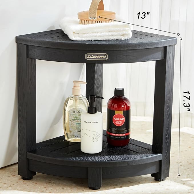 Shower Bench for Inside Shower, Poly Lumber Corner Shower Stool, Plastic Bathroom Bench Seat for Shaving Legs, Shower Chair Seat, Shower Foot Rest with Adjustable Feet, Non-Slip, Black