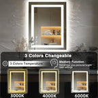 24"x36" LED Bathroom Mirrors for Wall, Front and Backlit, Anti-Fog Vanity Mirror with Lights, Stepless Dimmable Lighted, 3 Colors Smart Mirror (Horizontal/Vertical)