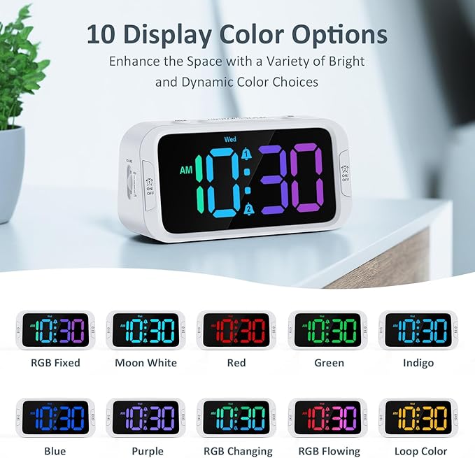 Dual Colorful Alarm Clock for Kids Bedroom - 0-100% Dimmer, 5 Alarm Sounds, USB Charger, Easy to Set, Weekday/Weekend Mode, Snooze, 12/24Hr, Battery Backup, Digital Clock for Teens Boys Bedside
