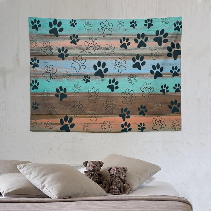VUMIVI Dog Paw Print Tapestry Rustic Farmhouse Vintage Wood Paneling Home Decor Tapestry Wall Hanging for Living Room Bedroom Dorm Classroom Aesthetic Decor W40xL30in