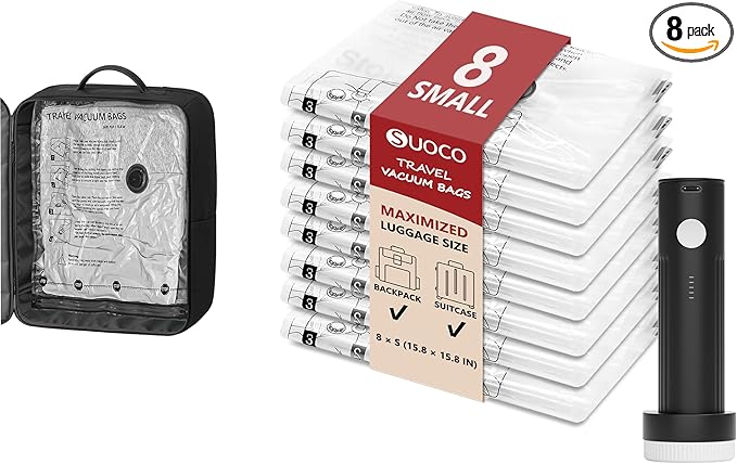 8 Small Travel Vacuum Storage Bags for Clothing with Rechargeable Electric Pump, Compression Packing Cubes Organizer for Luggage Suitcase, Space Saver Seal Bags for Vacation Cruise