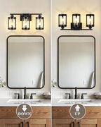 3-Light Black Bathroom Light Fixtures, 21 Inch Modern Bathroom Vanity Lighting Fixtures Over Mirror with Clear Glass and Metal Cage Wall Sconce Lights for Bath, E26, OS-3014BK-3W