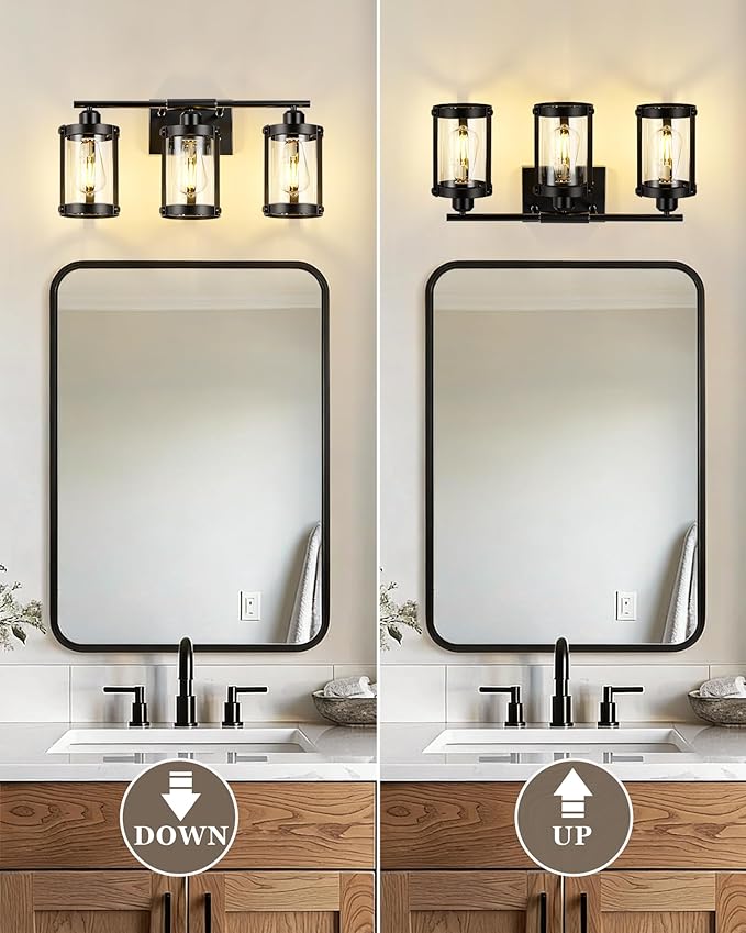 3-Light Black Bathroom Light Fixtures, 21 Inch Modern Bathroom Vanity Lighting Fixtures Over Mirror with Clear Glass and Metal Cage Wall Sconce Lights for Bath, E26, OS-3014BK-3W