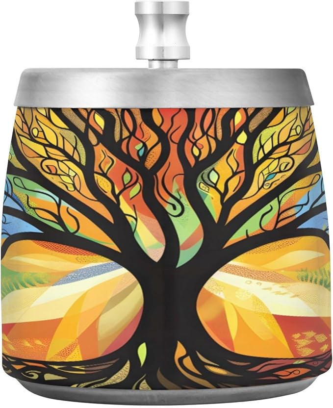 Mysterious Tree Colorful Ashtray with Lid, Outdoor Ashtrays for Patio, Stainless Steel Ashtray Odorless Smokeless for Home Office Balcony