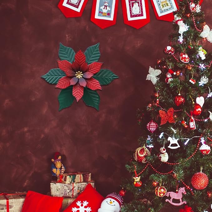 YEAHOME Chrismas Wall Decorations Indoor - 11 inch Metal Flower Wall Art Decor, Poinsettia Yard Garden Decor Hanging for Kitchen, Bathroom, Bedroom, Handmade Gift for Home, Indoor or Outdoor