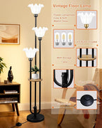 Flower Floor Lamp for Living Room, Dimmable Vintage Floor Lamp with Shelf &3 LED Bulbs, 3 Light 3000K Soft Warmwhite Mid Century Black Standing Lamp, Floral Tall Lamp for Bedroom Office