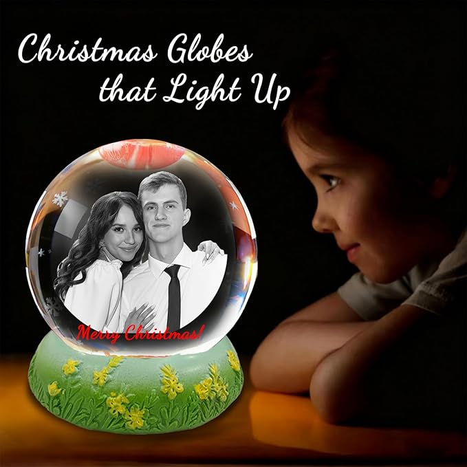Personalized Christmas Crystal Ball with Light Customized Photo Snow Globe with Engraving Text Custom Ornaments Gifts for Family Couples Friends (Vanilla Pattern Base)