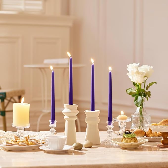 10-Inch Tall Dripless Taper Candles Set of 4 - Purple Tapered Candles, Perfect for Halloween - Smokeless, Unscented, Long Burning - Hand Poured, Colored Tall Candlesticks - Light Purple