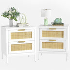 Giluta White nightstands Set of 2, Farmhouse Rattan Night Stand with 2 Drawers, 2 Rattan Drawers, Boho Bedside Table End Table for Small Space, Bedroom