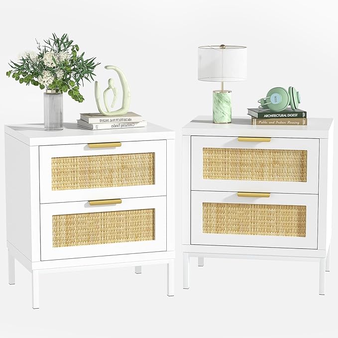 Giluta White nightstands Set of 2, Farmhouse Rattan Night Stand with 2 Drawers, 2 Rattan Drawers, Boho Bedside Table End Table for Small Space, Bedroom