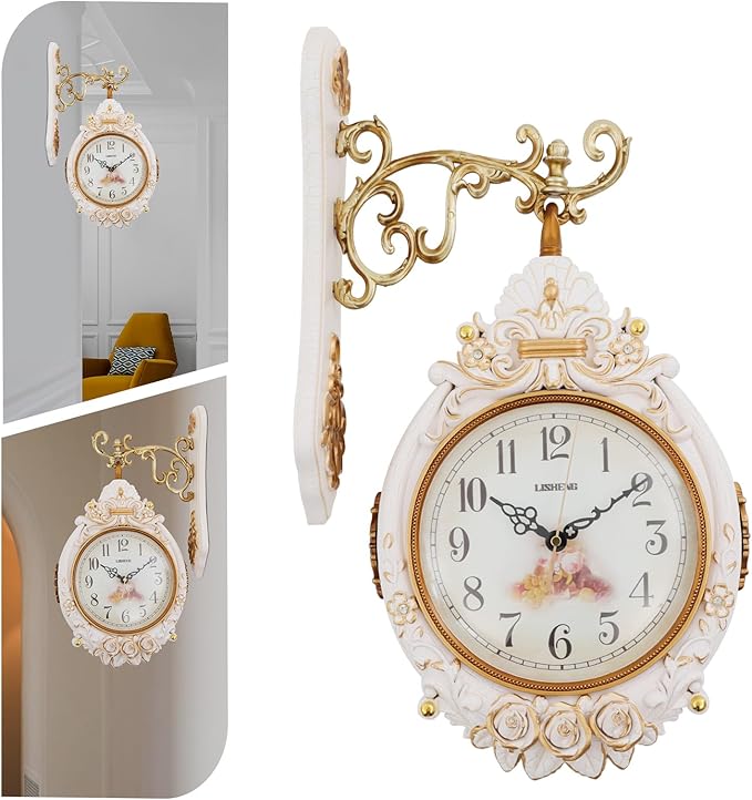 Cream Double Sided Large Wall Clock, Elegant, Traditional, Vintage Style 360° Rotating Metal Wall Clock, Indoor Outdoor Office Living Room Porch Clock Wall Decor (Cream Double Sided Clock)