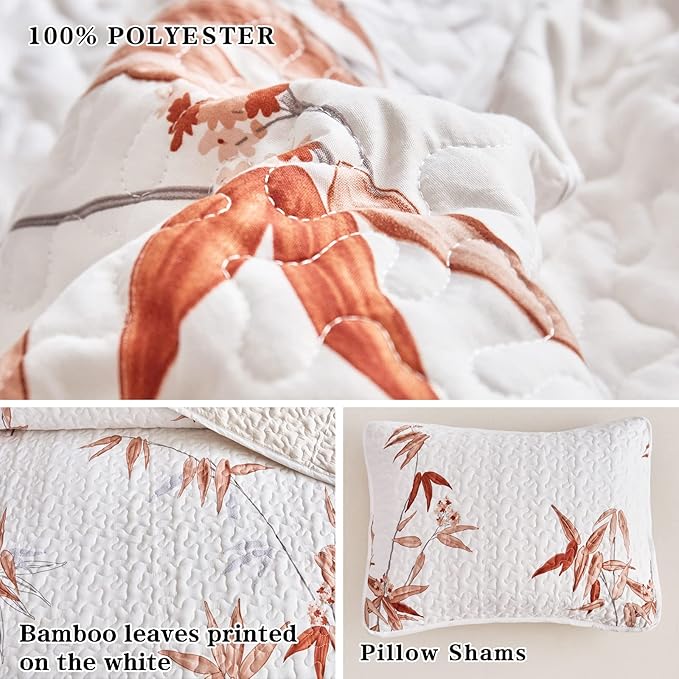 Botanical Quilt Set 3 Pieces King, Burnt Orange Leaves on White Design Reversible Bedspread Coverlet Set, Soft Microfiber Lightweight Bed Cover for All Season (102" x 90", 1 Quilt+ 2 Pillow Shams)