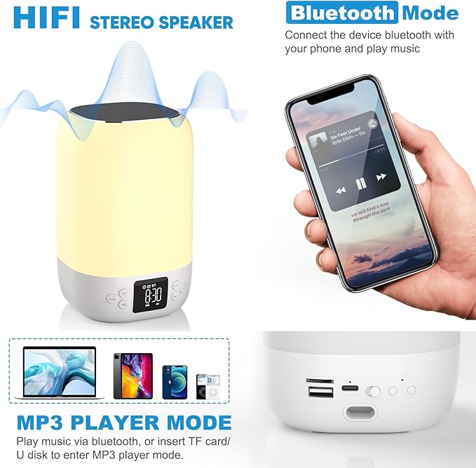 Night Light Bluetooth Speaker Alarm Clock, Sound Machine with White Noise, Touch Bedside Lamp for Bedroom, Dimmable Warm Light, 8 RGB Color Changing, Ideal Gift for 10-15 Year Old Teenage Boys Girls