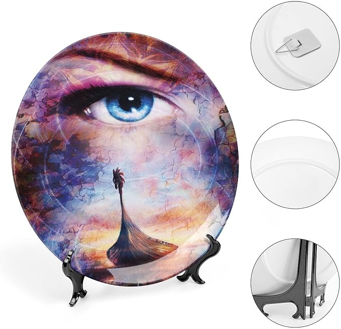 XISUNYA 6 Inch Decorative Plate, Viking Dinner Plate, Boat on Beach and Woman Eye Boat Print Ceramic Wall Hanging Decor Accessory for Dining Table Tabletop Home Decor, Red Orange