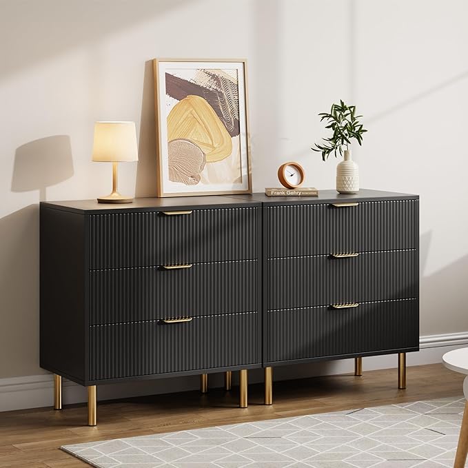 GarveeHome Black Dresser, Modern 3 Drawer Dresser for Bedroom with Gold Handle and Large Drawer, Wood Double Chest of Drawers and Storage Organizer for Living Room, Hallway, Entryway