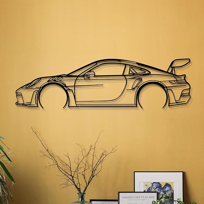 Dekory Car Wall Art – 911 GT3 RS (992) Black Metal Sports Car Silhouette, Modern Industrial Automotive Wall Decor for Garage, Living Room or Bedroom – 32 Inch (M)