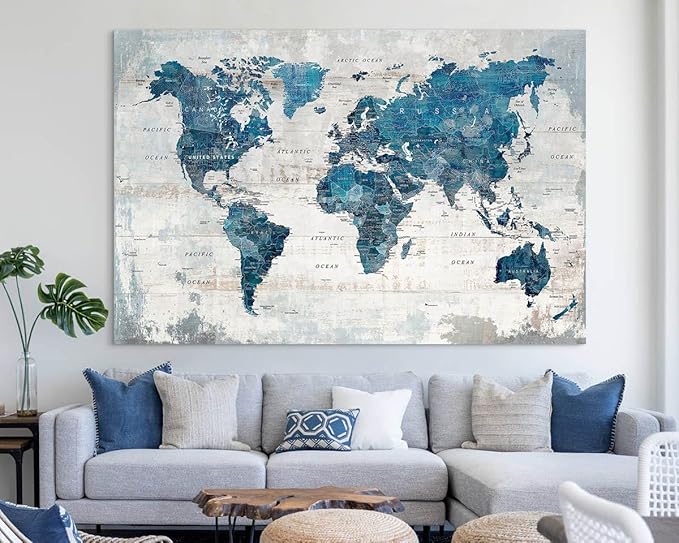Wall Art Living Room Office Pictures Large World Map Wall Decor Oversized Decor for Women Framed Blue Artwork Rustic Framhouse House Decorations