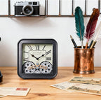 Vintage Steampunk Desk Clock, 6 Inch Metal Industrial Table Clock with Moving Gears, Silent Non-Ticking Quartz, Battery Operated Shelf Decor for Home Office Living Room（Black）