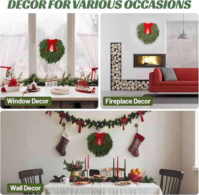 24" Norfolk Pine Wreath, Artificial Christmas Wreaths, Real Touch Green Winter Garland for Front Door Wall Indoor Outdoor Christmas Holiday Decor, with Bow & Bell, FF12