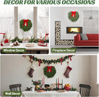 24" Norfolk Pine Wreath, Artificial Christmas Wreaths, Real Touch Green Winter Garland for Front Door Wall Indoor Outdoor Christmas Holiday Decor, with Bow & Bell, FF12