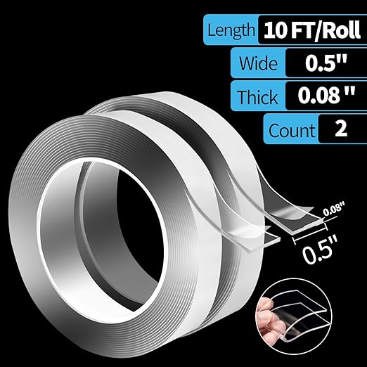 Art3d Nano Double Sided Tape (2 Rolls of 3 Meters), Multipurpose Clear Foam Tape for Carpets/Paste Items/Photo Frames/DIY Wall Mounting, 300x1.1x0.3cm