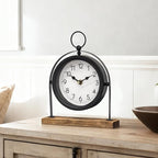 Vintage Small Table Clock, Black Metal Farmhouse Table Clock with Wooden Base, Silent Non-Ticking Battery Operated Desk and Shelf Clocks for Living Room, Kitchen, Bedroom Decor