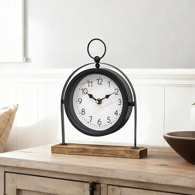 Vintage Small Table Clock, Black Metal Farmhouse Table Clock with Wooden Base, Silent Non-Ticking Battery Operated Desk and Shelf Clocks for Living Room, Kitchen, Bedroom Decor