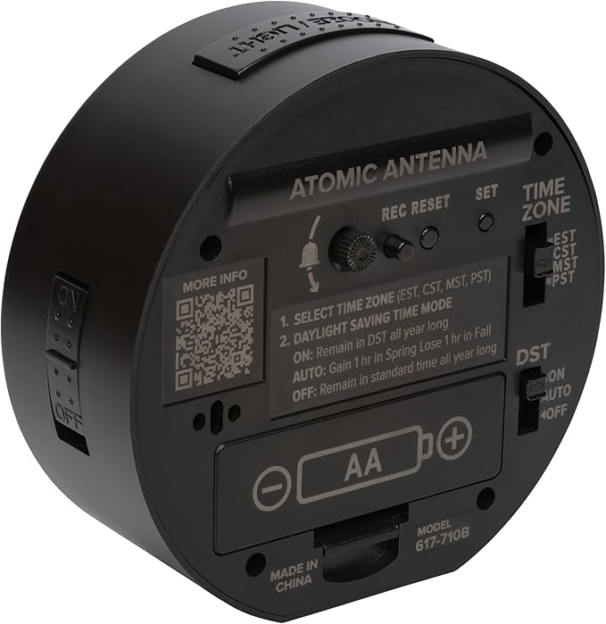 La Crosse Technology 617-710B-INT 4-Inch Round Black Atomic Analog Alarm Clock