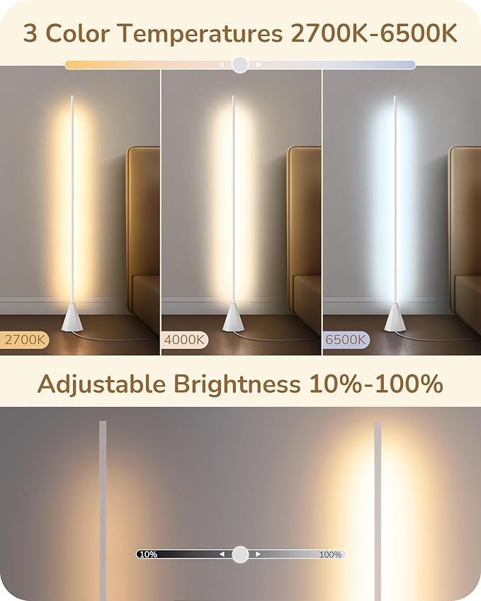 EDISHINE LED Corner Floor Lamp, New Gesture Control Dimmable Corner Light with Remote Control, 3000K-6000K Eye Caring Standing Lamp, Modern Minimalist Lit Lamp for Bedroom, Living Room, Office, White