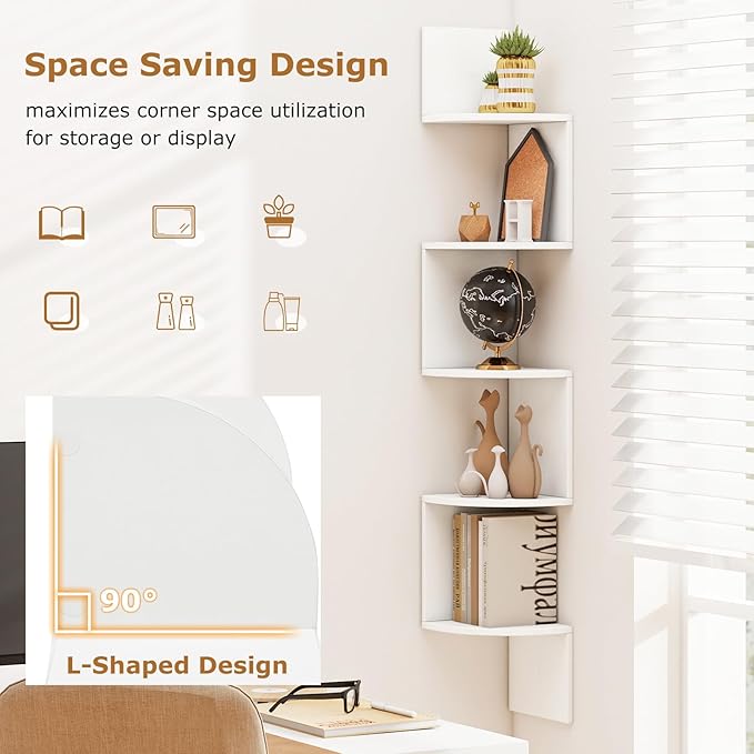 Tangkula 5-Tier Corner Shelf Wall Mount, Farmhouse Floating Corner Bookshelf, Industrial Modern Display Shelf Stand, Wooden Storage Organizer for Living Room Home Office (1, White)