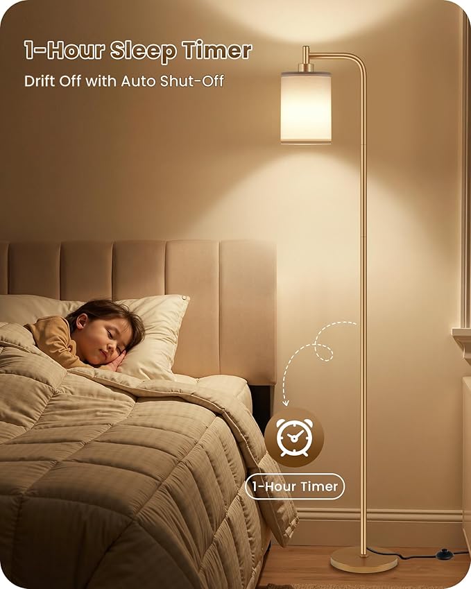 Dimmable Floor Lamp for Living Room with Remote and Foot Switch, Modern Standing, Corner Lamp,10W Bulb 3 Color Temperatures, for Bedroom, Office, Corner, ETL Listed, Gold and White DCW19LD05